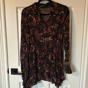 Zara Premium Collection Sheer Floral Button Front Cinched Tie Waist Tunic